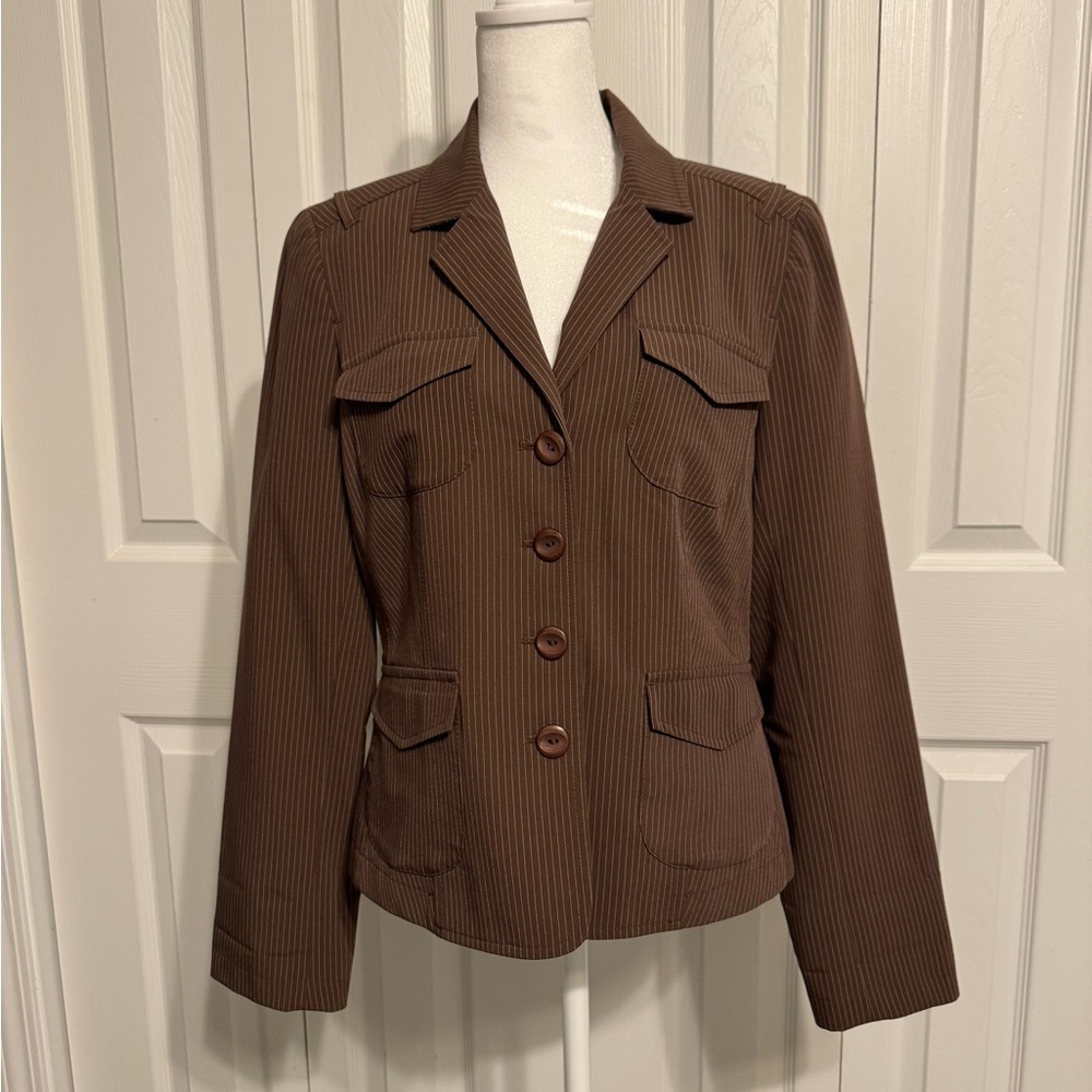 Anthropology Tapemeasure Brown Pin Striped Blazer Jacket Size 10 Excellent Cond